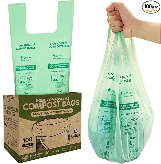 Compostable Kitchen Trash Bags13 Gal - Cornstrarch Leakproof & Tear Resistant 100 Compost Bags - OK Compost Home & Seedling Certified 0.25 mm Kitchen Garbage Bags