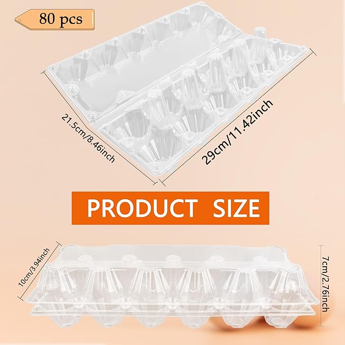 80 Pack Plastic Egg Carton Bulk One Dozen Clear Empty Egg Cartons Perfect for 12 Eggs for Chicken Eggs Home Ranch Chicken Farm, 2 x 6 Grids