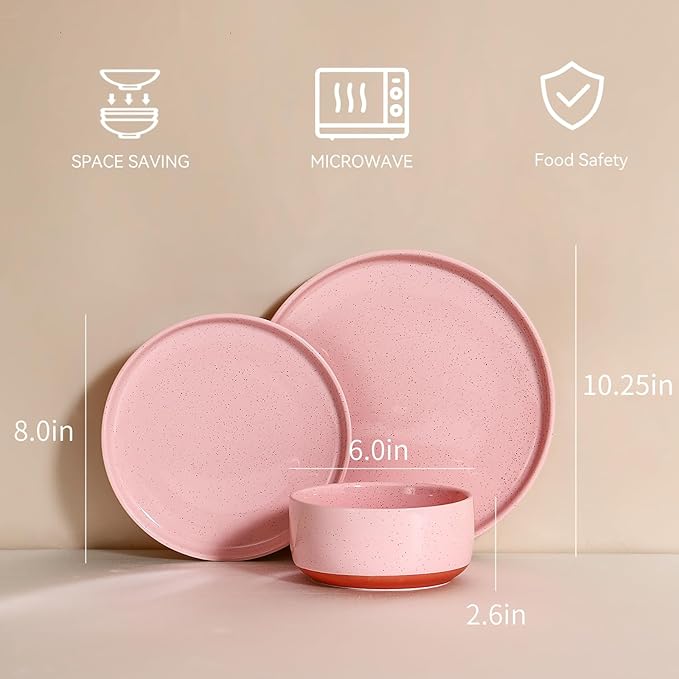 GZG Modern Art Series - 6 Pcs Speckled Stoneware Plates and Bowls Sets, Ceramic Dinnerware Set with Rustic Terracotta Underside, Microwave and Dishwasher Safe Handcrafted Dishes Set - Blush Pink