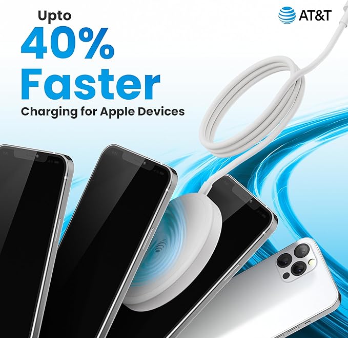 AT&T Qi2 Magnetic Charging Pad – Compact MagSafe Compatible Wireless Charger for iPhone 16/15/14 & Apple Watch – Built-in 4ft USB-C Cable – Nightstand & Travel Ready – White
