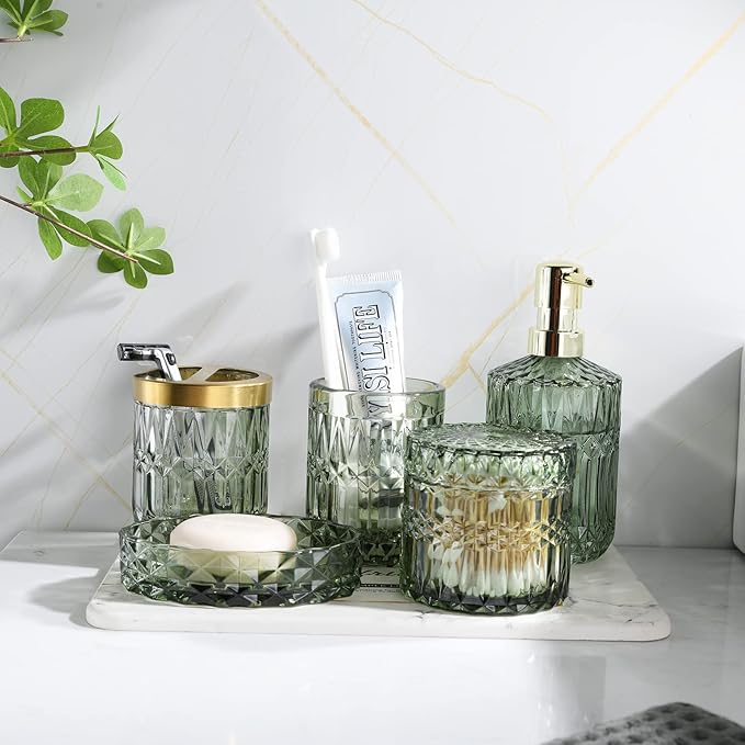 Green Bathroom Accessories Set, 5Pcs Clear Glass Bathroom Set Accessories, Soap Dispenser, Soap Dish, Toothbrush Holder Set, Tumbler, Qtips Holder for Vintage Crystal Bath Decor
