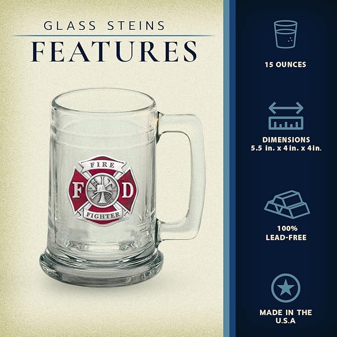 Heritage Pewter Firefighter Beer Stein Glass | 15 Ounce German-Style Beer Glass | Intricately Crafted Metal Pewter Alma Mater Inlay