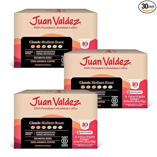 Juan Valdez Coffee Pods – Classic Medium Roast | K-Cups for Keurig Coffee Machines | 100% Colombian Arabica Beans | White Chocolate & Peach Notes | Single Serve Coffee Pods | 30 Count