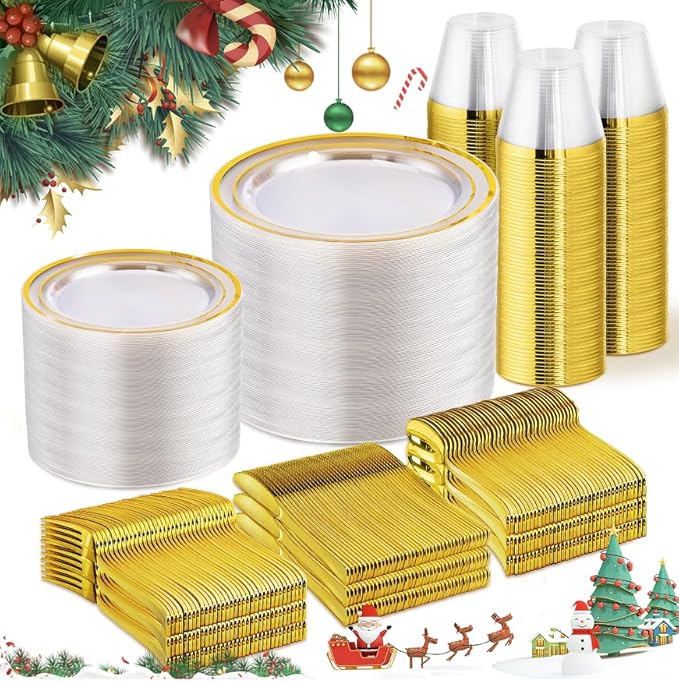 WELLIFE 600 PCS Clear Gold Disposable Dinnerware Set for 100 Guests, Clear and Gold Plastic Plates, Gold rimmed Plastic Dinner & Salad Plates,Cups,Silverware Set for Wedding