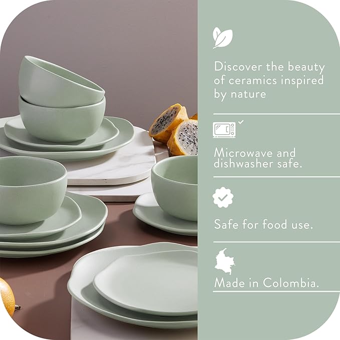 Corona Olivo ceramic dinnerware Set 12–piece, Plates and Bowls, Sets for 4, organic shape, light green.
