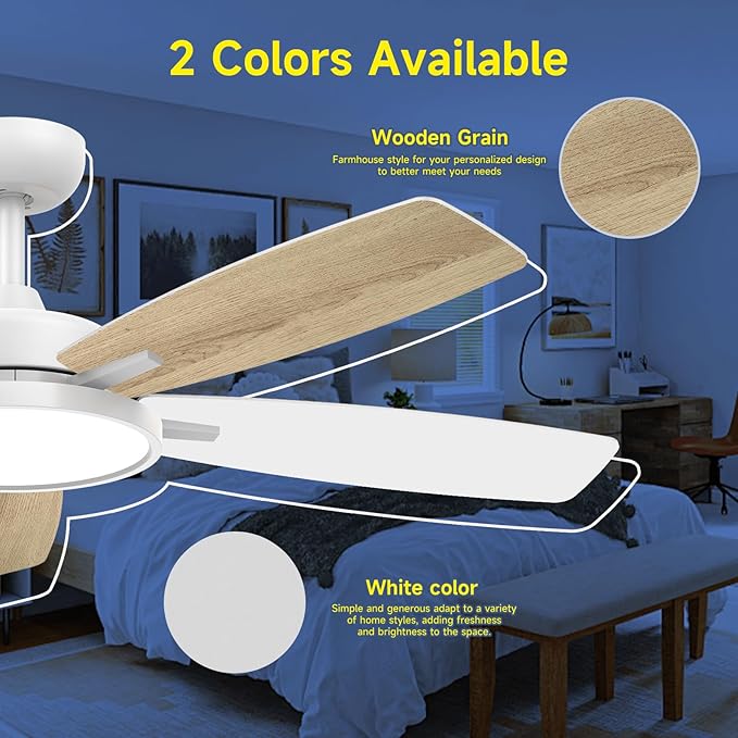 Roomratv Ceiling Fans with Lights,52 Inch,Remote Control,Dimmable,Quiet Reversible DC Motor,White Ceiling Fan for Living Room,Bedroom,Kitchens,Outdoor Patio,Farmhouse