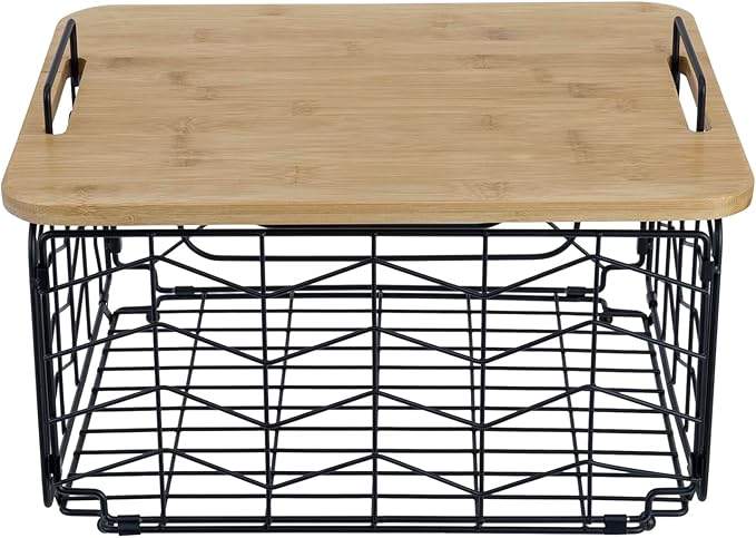 MyGift Kitchen Storage Wire Basket, Foldable Matte Black Metal Fruit and Produce Basket with Bamboo Cutting Board Lid, Pantry Counter Organization