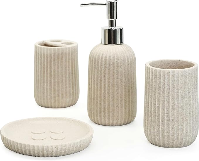 4-Piece Bathroom Accessory Set - Modern Resin & Sandstone Collection - Includes Soap Dispenser 8.5oz, Toothbrush Holder, Tumbler, Soap Dish (Beige)