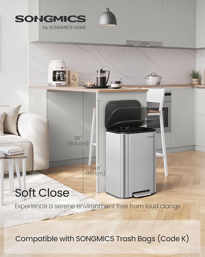SONGMICS Kitchen Trash Can, 13-Gallon (50 L) Garbage Can with Lid, Stainless Steel, Soft Close and Stays Open, Inner Bucket, Wide Non-Slip Pedal, Metallic Silver ULTB547E01