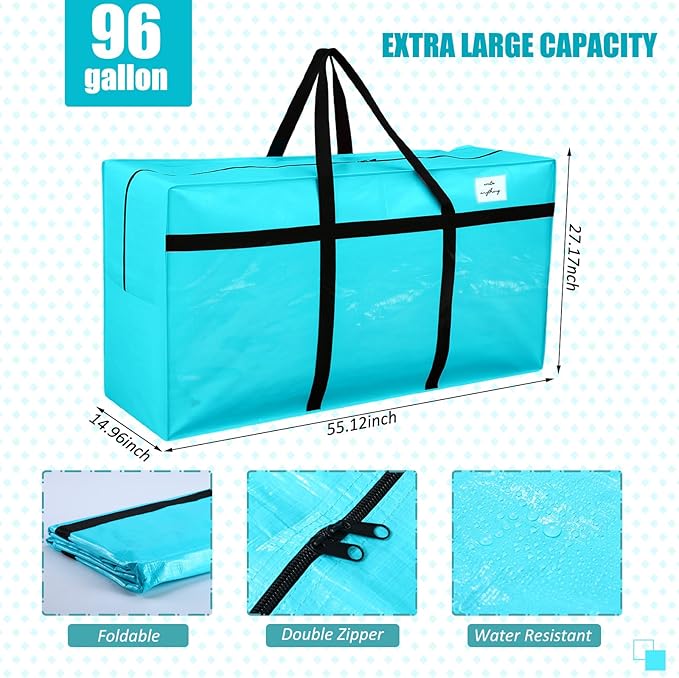 4 Pcs 96 Gallon Large Moving Bags with Zipper and Handles Foldable Storage Duffle Bags Heavy Duty Extra Large Totes for College Dorm Travel Clothes Blankets Bedding Moving (Lake Blue)