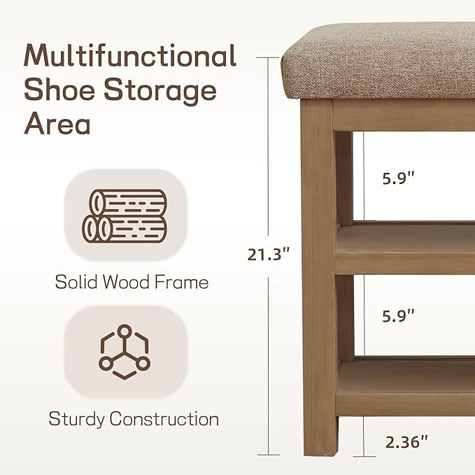 Shoe Rack Bench with Cushion, 2 Tier Solid Wood Storage Bench, Mid-Century Modern Shoe Bench for Entryway, Hallway, Closet, Front Door Entrance, Foyer (Brown, 46.5")