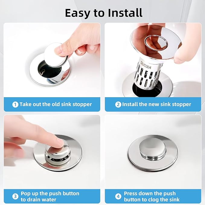 Bathroom Sink Drain Stopper, Universal Pop Up Drain for Bathroom Sink Replacement, Sink Drain Cover with Anti-Clogging Filter Basket Hair Catcher, Sink Drain Strainer for 1.1-1.45 Inch