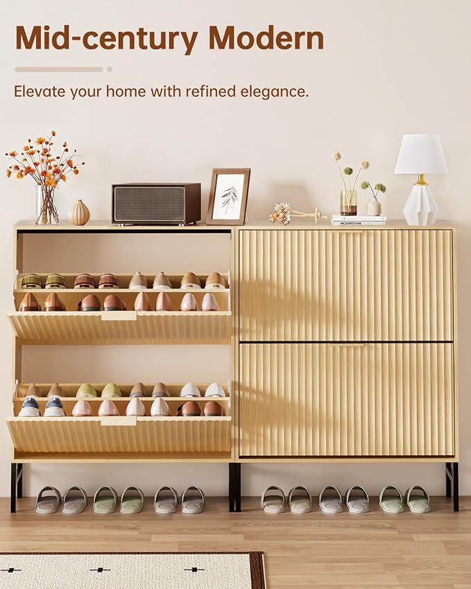 Fluted Shoe Cabinet, Shoe Storage Cabinet for Entryway with 2 Flip Drawers, Hidden Shoe Organizer with Metal Leg, Mid-Century Modern Narrow Shoe Rack for Living Room (Nature)