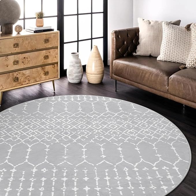 Lahome Moroccan Round Rugs - 6Ft Washable Circle Area Rug for Living Room Grey Non-Slip Stain Resistant Dining Room Rug Large Circle Rug, Modern Geometric Print Indoor Round for Bedroom Entryway
