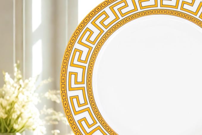 60 Piece Porcelain Dinnerware Sets – Service for 12 Plates, Mugs, Bowls – White with Gold Greek Key Design Dish Set for Kitchen Table, Everyday Dining or Formal Occasions (Meander Gold)