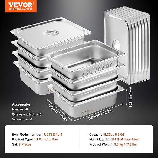 VEVOR 8 Pack Hotel Pans with Lids, 1/2 Size Anti-Jam Steam Pan, 0.8mm Thick Stainless Steel Steam Table Pan, 4-Inch Deep Commercial Table Pan, Catering Storage Food Pan, for Industrial & Scientific