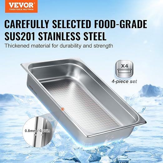 VEVOR 4 Pack Stainless Steel Hotel Pans with lid,Full Size 4 Inch Deep 0.8mm Thick Anti-Jam Commercial Food Pans for Steam Tables, Restaurants, Catering & Industrial Use