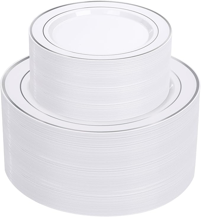 Supernal 102pcs White and Silver Plastic Plates Disaposable Party Plates White Silver Rim Heavy Duty Fancy Silver Plastic Dinnerware Set included 51 Dinner & Dessert Plates for Birthday and Wedding