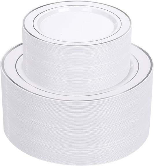 Supernal 102pcs White and Silver Plastic Plates Disaposable Party Plates White Silver Rim Heavy Duty Fancy Silver Plastic Dinnerware Set included 51 Dinner & Dessert Plates for Birthday and Wedding