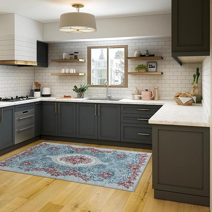 Easy-Going Area Rug 5x7 Washable Floral Rugs for Living Room Non-Slip Bedroom Rug Low Pile Lightweight Retro Flowers Throw Rug for Dining Room Kitchen Home Office Carpet, Teal Red