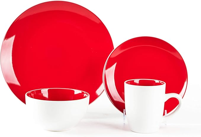 Stoneware Coupe Shape 16pc Dinnerware Set, Outside White + Inside Red