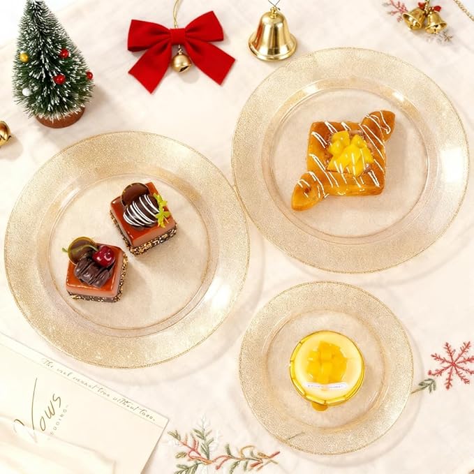 WDF 200PCS Gold Plastic Plates - Gold Glitter Plastic Plates - Heavy Duty Gold Glitter Disposable Plates - Include 100 Dinner Plates 10" and 100 Dessert Plate 7" for Thanksgiving Parties/Wedding