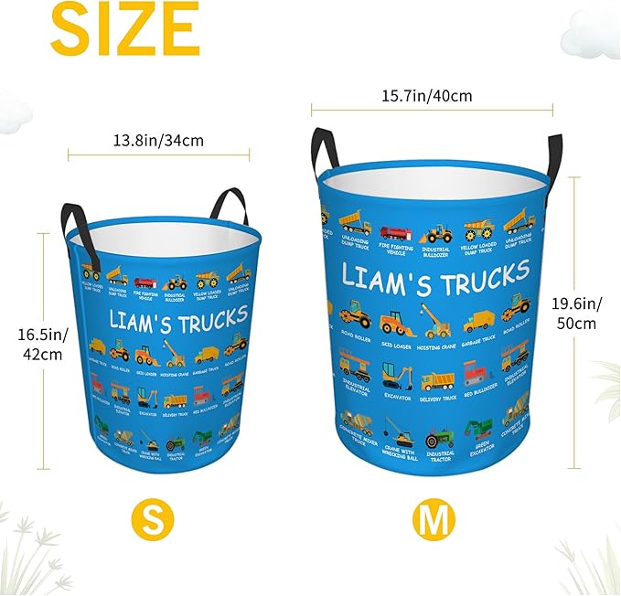 callie Personalized Truck Excavator Laundry Basket for Kids Boys, Waterproof Collapsible Laundry Hamper, Clothes Toys Storage Bin for Bedroom Nursery (13.8" x 16.5", 15.7" x 19.6")