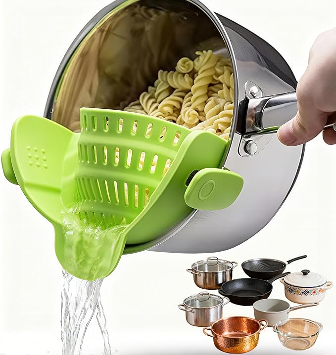 Clip-On Strainer - Universal Silicone Snap-on Colander for Draining Pasta, Vegetables & Grease – Heat-Resistant, BPA-Free, Heat Resistant, Fits Round & Oval Pots/Bowl
