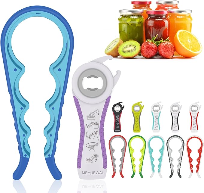 5-in-1 Multi-Functional Bottle, Jar, and Can Opener with Silicone Handle for Children, Elderly, and Arthritis Sufferers (Blue)