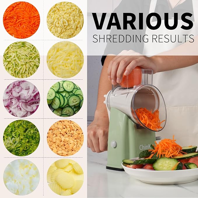 Rotary Cheese Grater Shredder - Upgraded 5 in 1 Cheese Grater with Handle and Strong Suction Base, Multi-purpose Julienne Slicer Ice Shaver Nuts Grinder for Ice, Vegetables, Fruit, Nuts