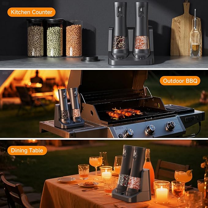 Electric Salt and Pepper Grinder Set,2 Pack Rechargeable Automatic Pepper Mill,with Charging Base,5 Level,Display,LED Lighting,Large Capacity,Kitchen Gift (2, Black, Charging Base)