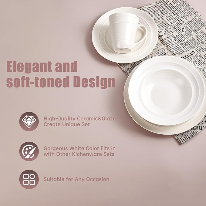 Modern Ceramic Dinnerware Set, 4-Piece, Mug, Bowl and Dinner Plates (White)