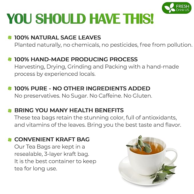 FreshDrinkUS, Premium 35 Sage Leaf Tea Bags, 100% Natural & Pure from Sage Leaves. Loose Leaf Herbal Tea. Made with Natural Material Tea Bags. No Sugar, No Caffeine, No Gluten, Vegan.