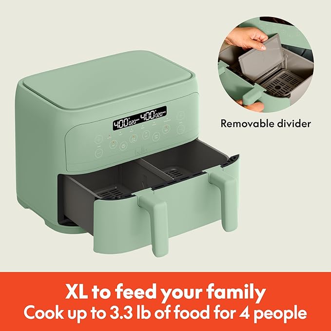 bella 4 Qt TriZone Air Fryer, EverGood™ Ceramic Nonstick Coating, Dual Basket Design w Removable Divider, Digital Touchscreen Control w 6 Preset Cooking Options, 1200 Watt, 3lb Capacity, Seaglass