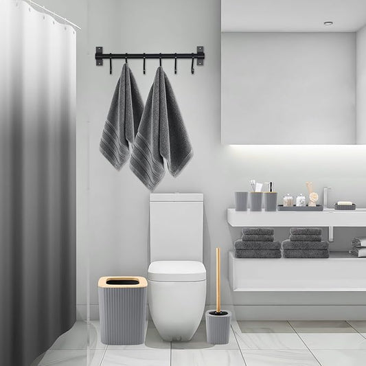 Bathroom Set - Grey Bathroom Accessories Set with Shower Curtain, Bath Towels, Soap Dispenser, Toilet Brush, Trash Can, Grey Bathroom Accessories Sets Complete for Housewarming