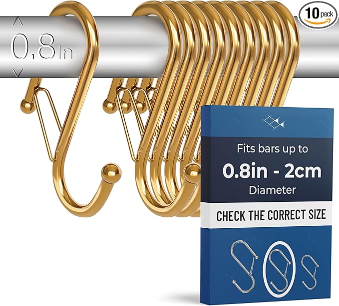 10-Pack Metal S Hooks for Hanging – Heavy-Duty S-Shaped Hook with Safety Buckle – Fits Bars up to 0.8 In – Anti-Drop S-Hooks for Kitchen, Bathroom, Closet & Pot Racks – Gold (Medium)