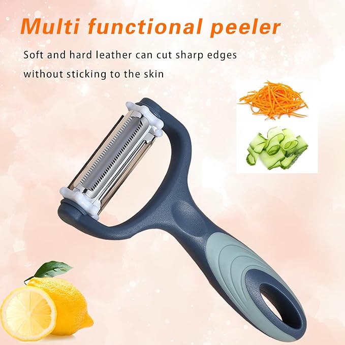 3-in-1 Rotary Vegetable Peeler with 3 Blades - Multi-Function Stainless Steel Peeler & Julienne Slicer - Ergonomic Non-Slip Grip Handle for Potato, Carrot, Fruit, Tomato, Kitchen Gadgets (Blue)