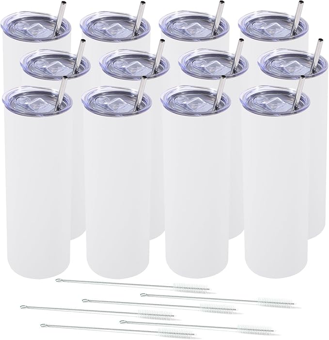 Dongni Skinny Tumbler with Lid 20 oz Stainless Steel Vacuum Insulated Double Wall Travel Coffee Water Tumblers Cup (White 12pack)