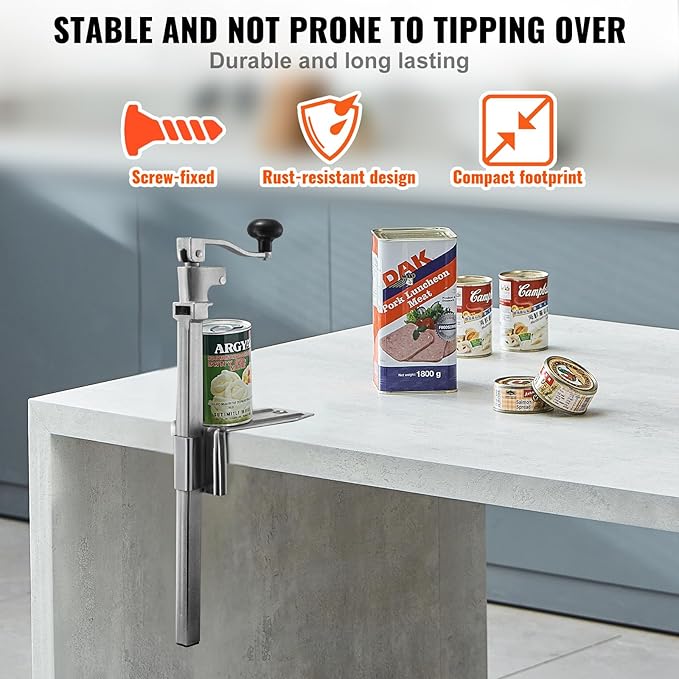 VEVOR Commercial Can Opener, Heavy-Duty Manual Tabletop Cans Opener for Cans Up to 11.8 in Height, Height-Adjustable Professional Can Openers with Stainless Steel Blade, for Restaurant & Food Store