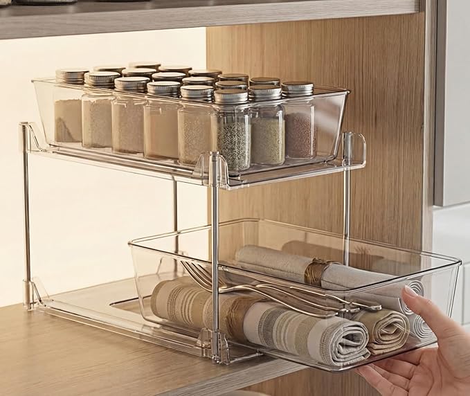 Bathroom Organizers and Storage,2-Tier Clear Under Sink and Pull-Out Cabinet Organizer with Track for Kitchen, Pantry,Vanity Countertop,Medicine Cabinet,Closet Drawers Bins