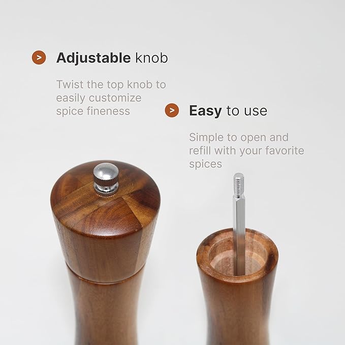 Acacia Wood Pepper and Salt Mill Grinder Set with Adjustable Ceramic Mechanism for Fine, Medium and Coarse Grinding (2 Pack)