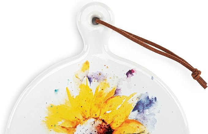 DEMDACO Dean Crouser Collection Watercolor Yellow Sunflower Round Mini 5 x 6.5 Stoneware, Suede, Wood Cutting Cheese Serving Board with Knife