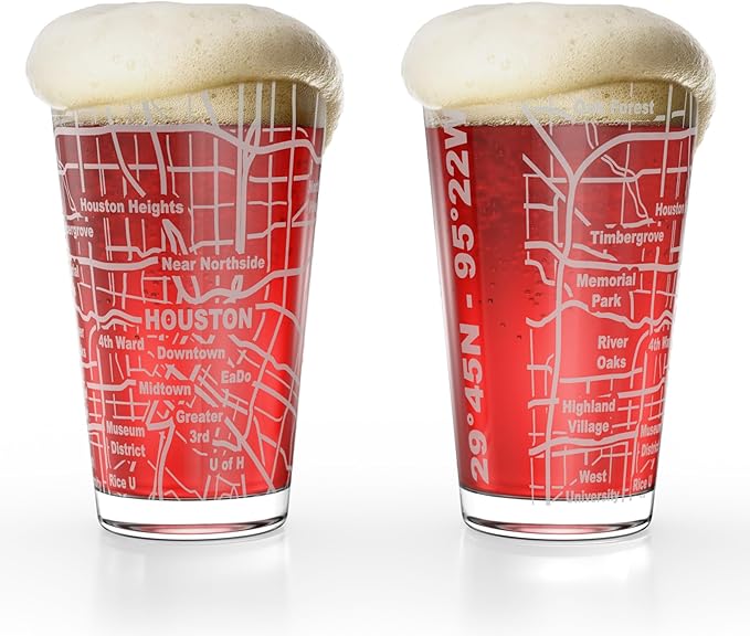 Greenline Goods – Houston, TX Map Pint Beer Glasses (Set of 2), 16 oz – Etched Wrap Design