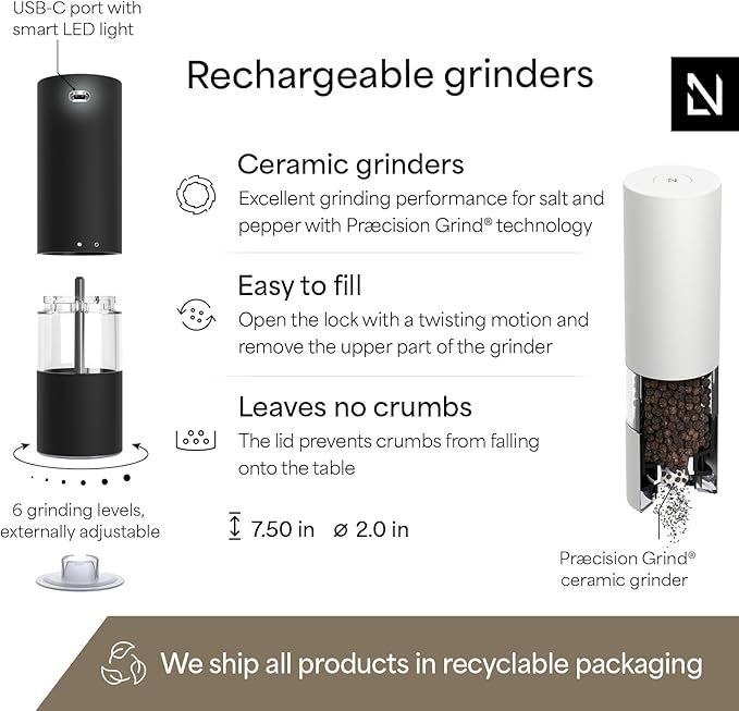 LARS NYSØM Electric Salt and Pepper Grinder Set I Automatic Salt and Pepper Mills with Adjustable Ceramic Grinder I USB Rechargeable Electric Spice Mill Set with LED Light (Black/White)