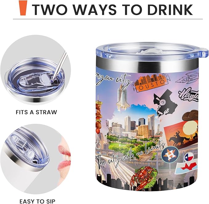 12oz Coffee Mug Huston City State Insulated Coffee Cups, United States Map Travel Mug Landmark, Birthday Gifts Cute Mugs with Lid and Straw Gifts for Mom