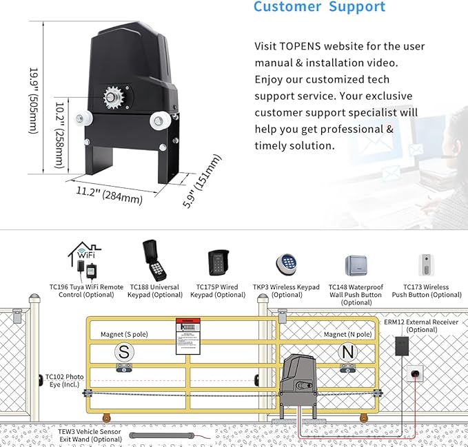 TOPENS CF800 Fast Sliding Gate Opener Chain Drive Automatic Gate Motor for Heavy Driveway Slide Gate Up to 1800 Pounds, Electric Gate Operator AC Powered with 20ft Roller Chain and Remote Control