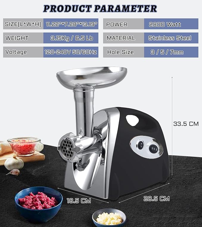 VNIMTI Electric Meat Grinder Mincer Machine,Heavy Duty Meat Grinders 2800W,Sausage Maker with Blade,3 Plates,Sausage Stuffer Tube and Kubbe Kit for Home Kitchen Use (2800W-Black)