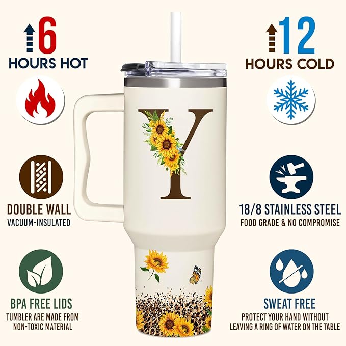 Personalized Birthday Gifts For Women - Sunflowers Monogrammed Cup For Boss Day, Christmas - Customized Gifts For Women, Mom, Wife, Coworkers, Boss Lady, Her - Custom Tumbler With Handle 40oz