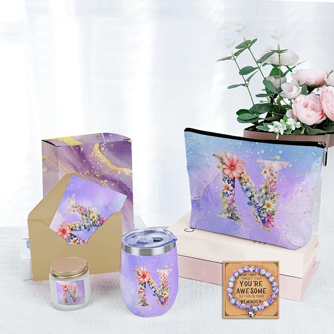 Personalized Gifts Monogrammed Birthday Gifts for Women, Colleague, Leader Mentor Female Farewell Christmas, Initial Wine Tumbler Makeup Bag Scented Candle Bracelet Set, (Aesthetic Purple Flower N)