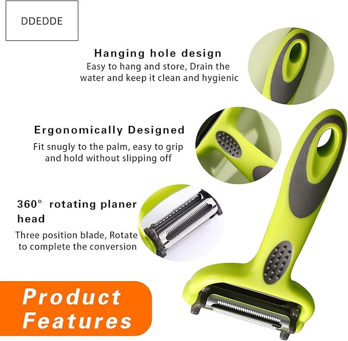 3-in-1 Rotary Vegetable Peeler with 3 Blades - Multi-Function Stainless Steel Peeler & Julienne Slicer - Ergonomic Non-Slip Grip Handle for Potato, Carrot, Fruit, Tomato, Kitchen Gadgets (Thin Green)